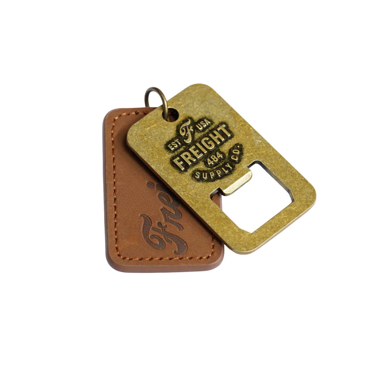 Gunnison Keychain features a double-sided debossed leather fob and metal bottle opener, finished to look like aged brass that’s been through a few good years.